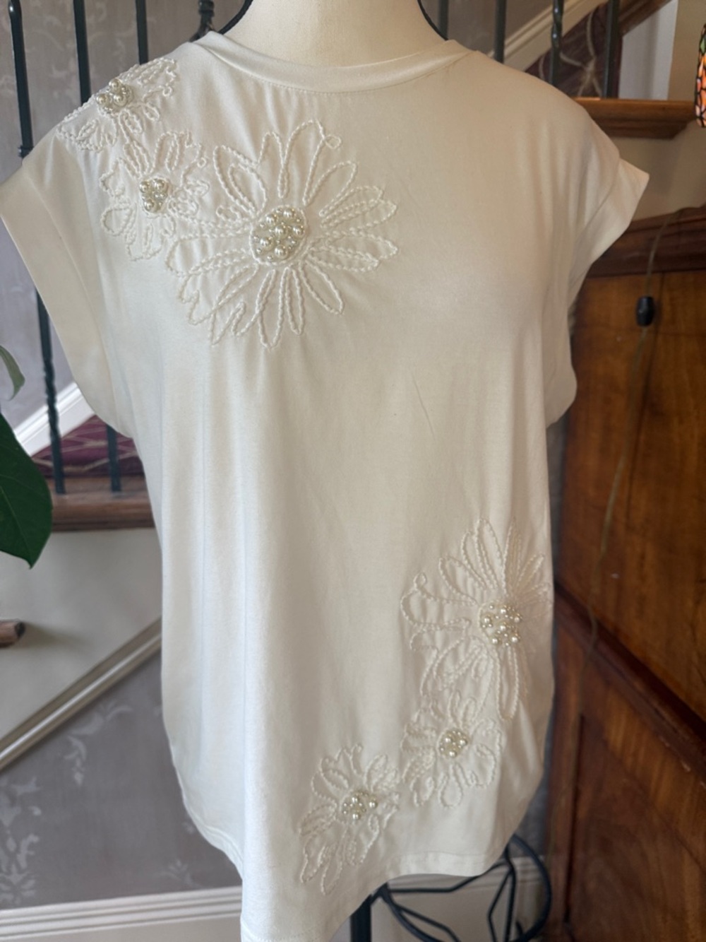 ON 12th ladies, cotton polyester, blend cap sleeve blouse, white pearl decor M